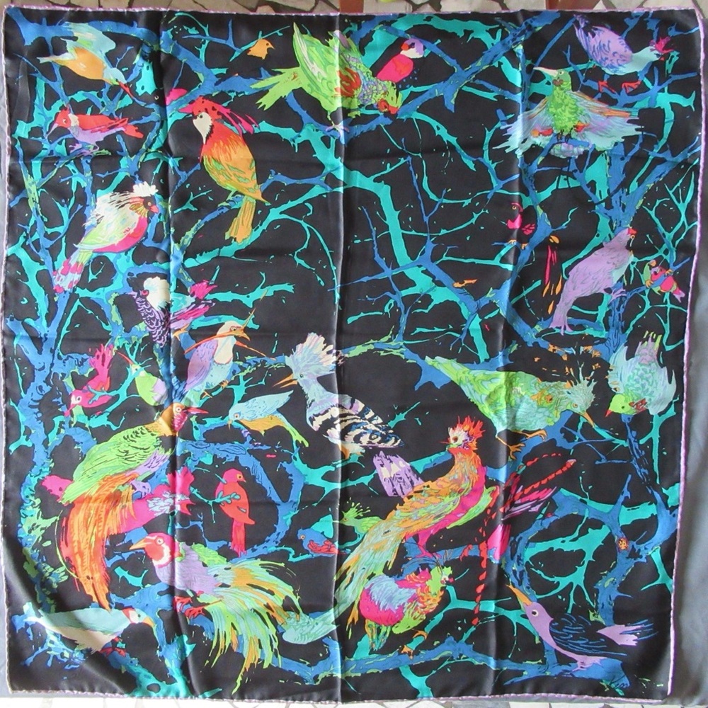 Vintage Ken Scott Scarf Womens Silk Dark Tropical Jungle Birds Novelty Colorful